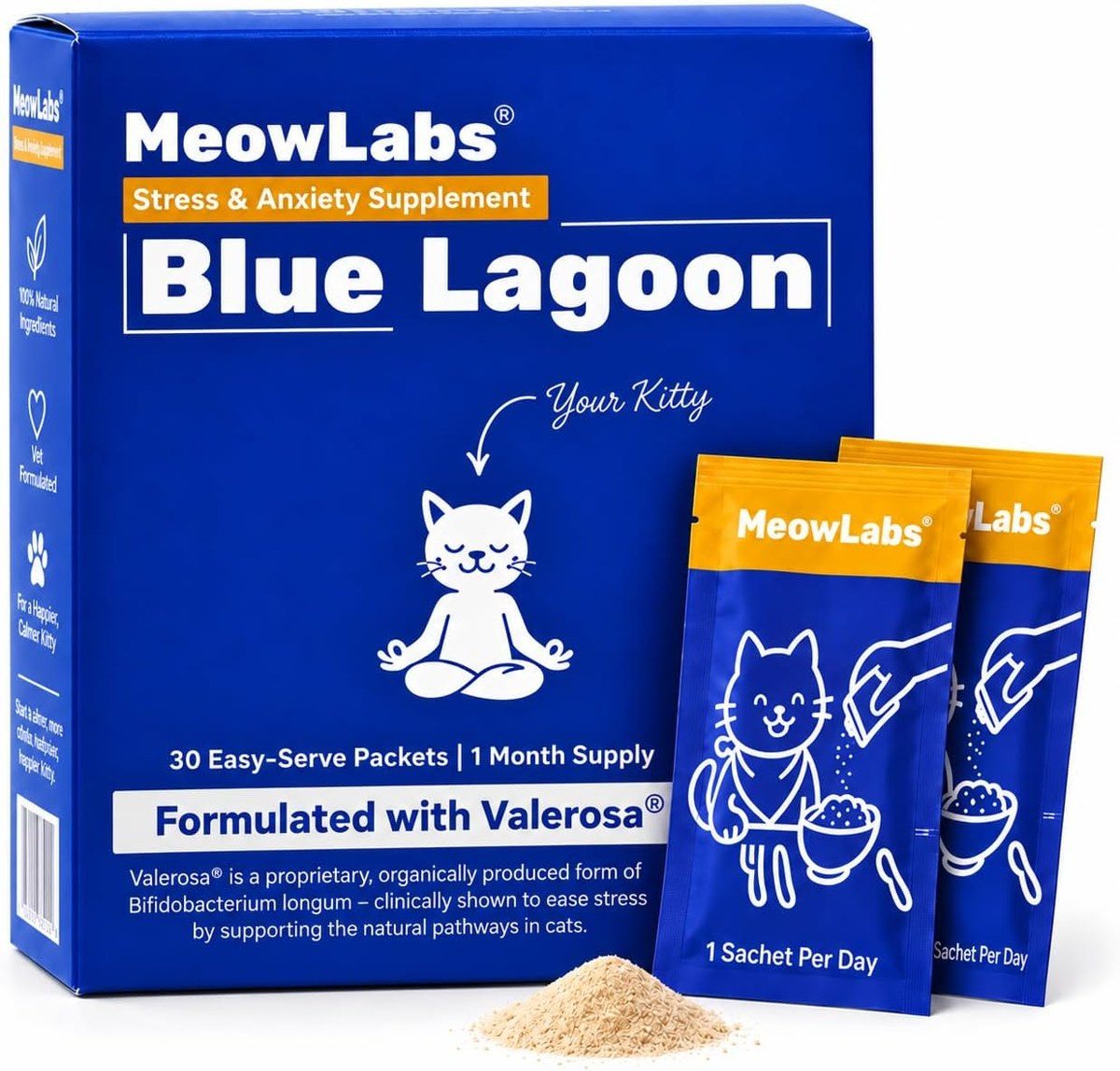 Blue Lagoon cat calming supplement box and sachets
