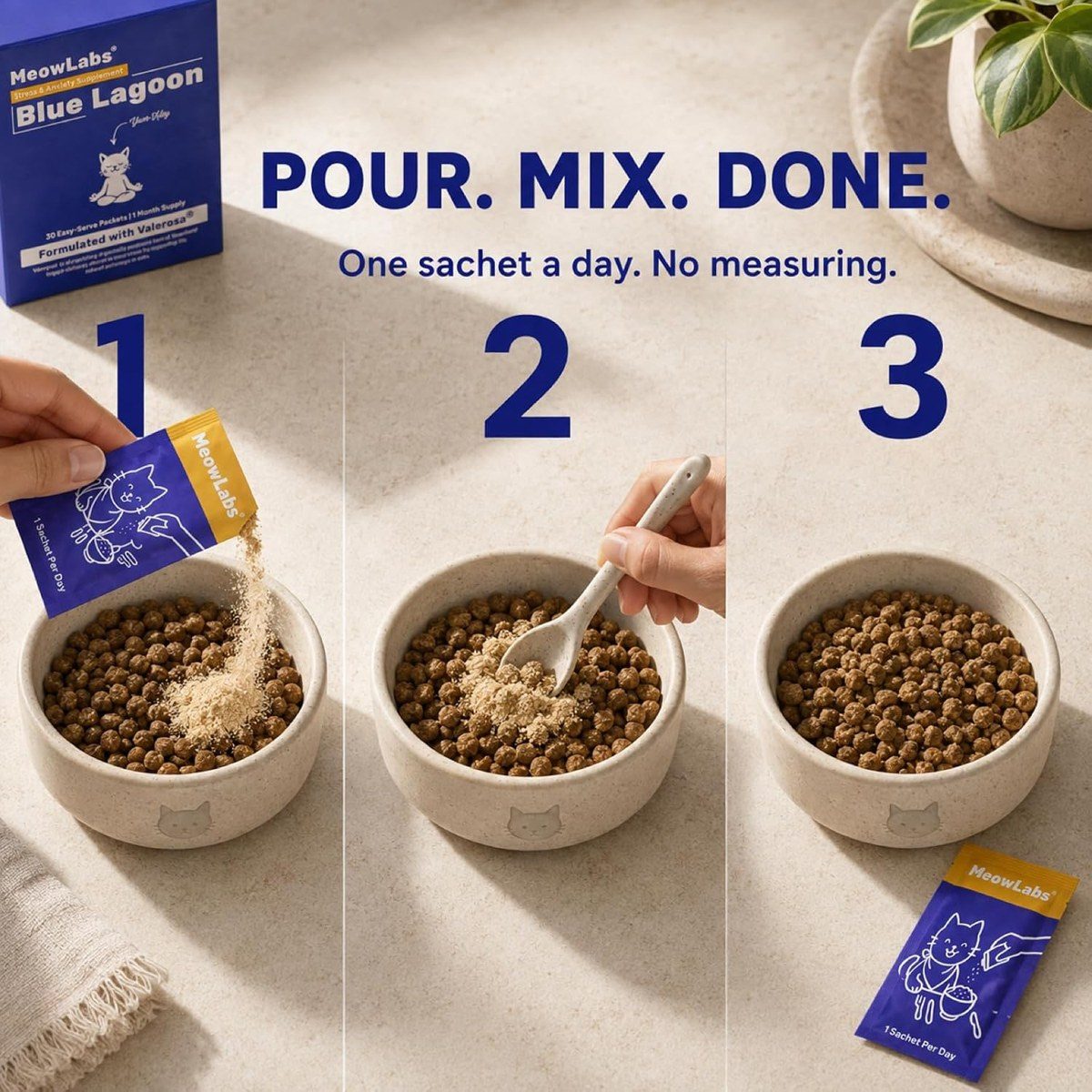 Blue Lagoon powder mixed into three bowls of cat food