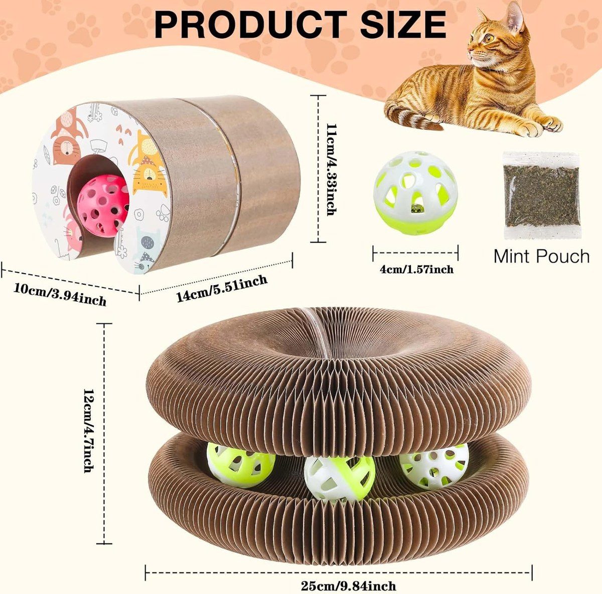 Kitty Kurlz size chart with ball and catnip pouch